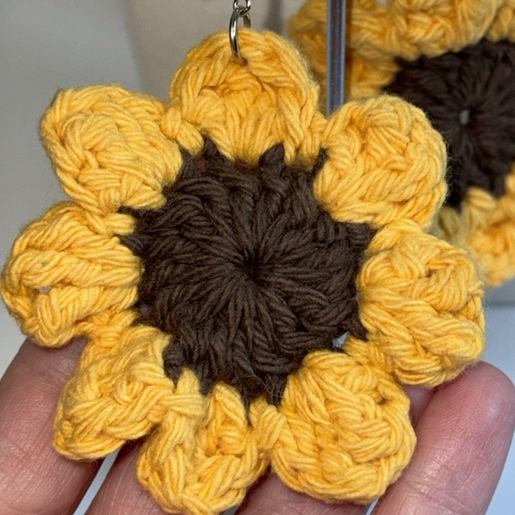 Sunflower Crochet Earrings Pierced w French Hooks Yellow & Brown - Picture 4 of 7